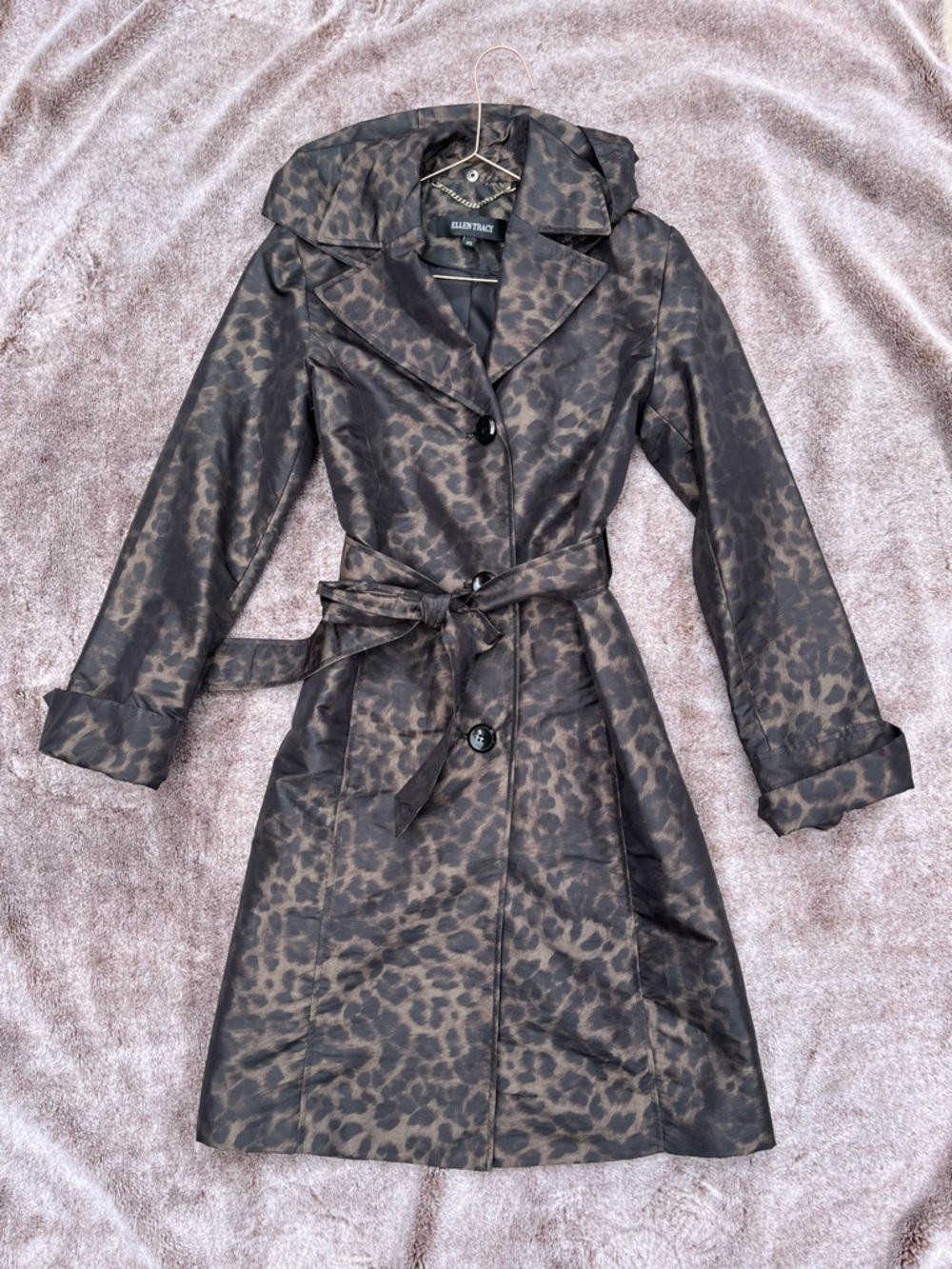 Ellen Tracy Animal Print Hooded Trench Coat size XS
